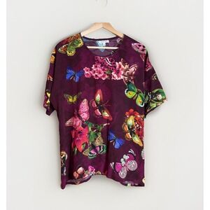 Johnny Was 100% Silk Butterfly Short Sleeve Tunic Top Size Small Round Neck